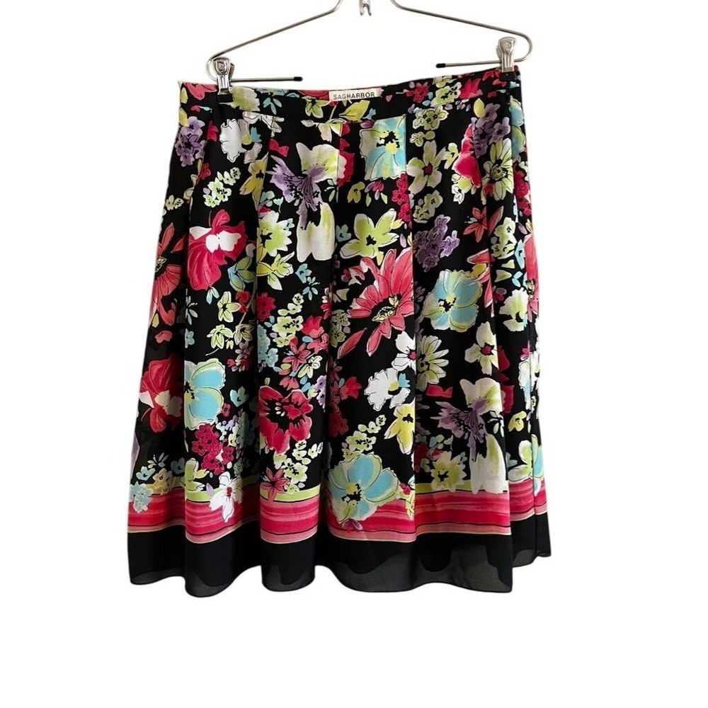 Colorful Floral Pleated Skirt Black 12P Office Teacher Resort Preppy Chic Artsy